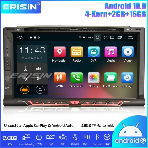Erisin ES5137U Universal 2 Din Android 10.0 Car Stereo Head Unit Sat Nav DVD DAB + DVB-T2 CarPlay Wifi 4G DVD OBD USB
