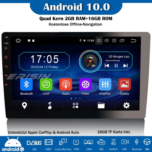 Erisin ES5910U 10.1" Single Din Android 10.0 Car Stereo GPS DAB + DVB-T2 CarPlay Wifi 4G OBD DVR RDS Bluetooth