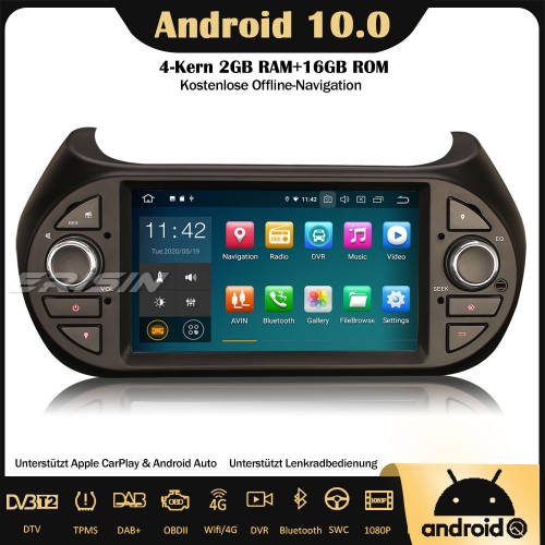 Erisin ES5125F Android 10.0 Car Stereo Sat Nav GPS DAB + DVB-T2 CarPlay Wifi 4G DVR OBD Bluetooth Canbus SWC for Fiat Fiorino Citroen Nemo Peugeot Bip