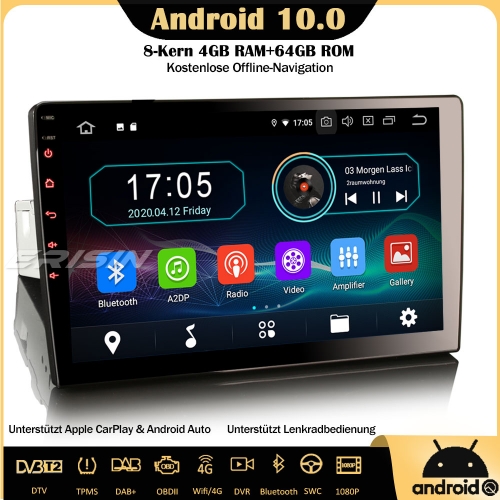 Erisin ES5910U 10.1" Single Din Android 10.0 8-Core 4GB RAM+64GB ROM Car Stereo GPS DAB + DVB-T2 CarPlay Wifi 4G OBD DVR RDS TPMS Bluetooth
