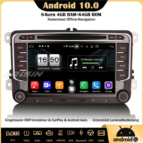 Erisin ES8735V 8-Core 64GB ROM DSP Android 10.0 DAB+Car Stereo CarPlay OBD DVR GPS DVD SWC DTV For VW Passat Golf 5/6 Jetta Tiguan Eos Polo Seat Skoda