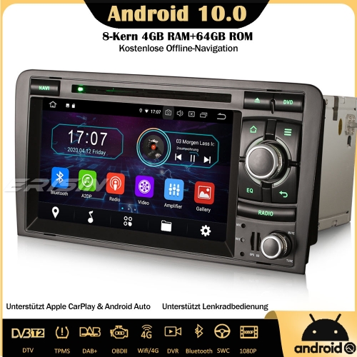Erisin ES6973A  8-Core Android 10.0 Car Radio GPS DTV CarPlay WiFi DAB+ BT OBD GPS Navi TPMS SWC For AUDI A3 S3 RS3 RNSE-PU