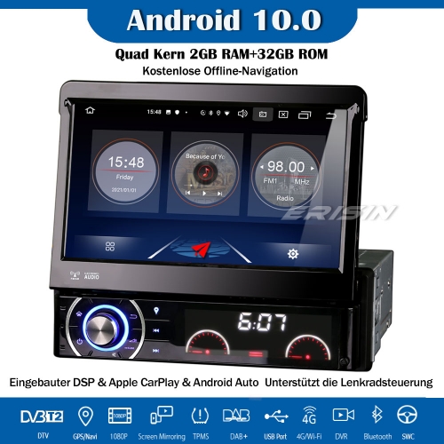 Erisin ES2790U Detachable 7" 1 Din Android 10.0 Car Radio GPS DAB + WiFi DVD CarPlay DVB-T2 Navi TPMS DVD DVR