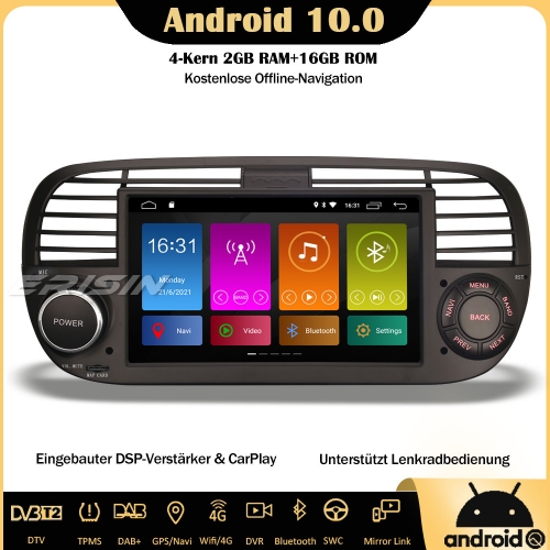 Erisin ES3050FB Android 10.0 Car Stereo Sat Nav DSP CarPlay WiFi DAB+ OBD2 DVR Android Auto TPMS 4G For Fiat 500
