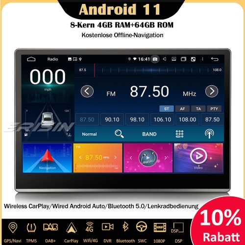 Erisin ES8700T 8-Kern 12.2"  Univeral Android 11 Double Din Rotatable Autoradio Sat Nav CarPlay Android Auto DSP DAB+ FM Bluetooth OBD2 WiFi DSP Kamer