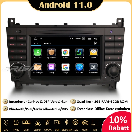 Erisin ES3173C Android 11.0 DAB+ DSP Car Stereo Sat Nav GPS CarPlay Bluetooth DVB-T2 RDS SWC For Mercedes Benz C/CLC/CLK Klasse W203 W209
