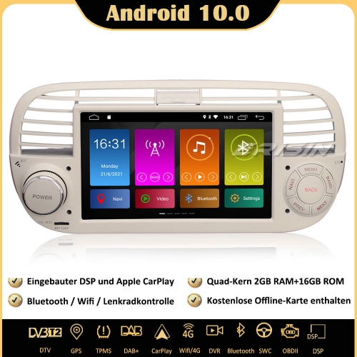 Erisin ES3050FW Android 10.0 Car Stereo Sat Nav DSP CarPlay WiFi DAB+ OBD2 DVR Android Auto TPMS 4G For Fiat 500