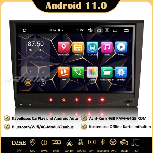 Erisin ES8558C 8-Core Android 11.0 Car Stereo Sat Nav GPS CarPlay Android Auto WiFi DAB+ Bluetooth OBD2 TPMS USB DTV For Porsche 911 (997) Cayman (987