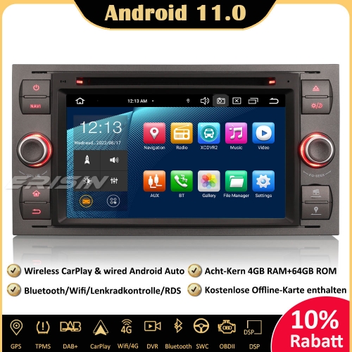 Erisin ES8166F Android 11.0 Car Stereo DAB+ Sat Nav Bluetooth DSP CarPlay OBD DVD Wifi TPMS DTV For Ford C/S-Max Mondeo Kuga Fiesta Fusion Focus Galax