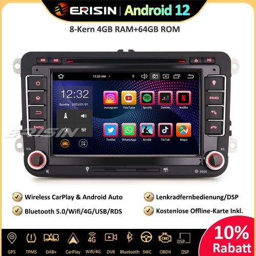 Erisin ES8548V 8-Kern Android 12 DAB+Car Stereo Sat Nav Wireless CarPlay DVD SWC DTV DSP For VW Passat Polo Golf 5/6 Jetta Tiguan Eos Seat Skoda