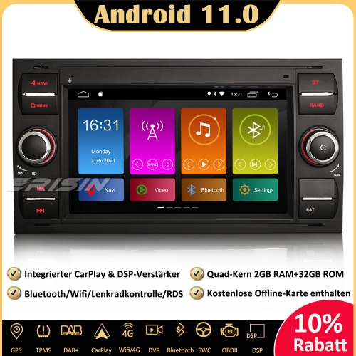 Erisin ES3131FB Android 11 Car Stereo Sat Nav DSP CarPlay WiFi DAB+ OBD2 DVR CD For Ford C/S-Max Fiesta Kuga Focus Galaxy Transit Connect