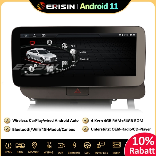 Erisin ES3675QH 10.25" IPS Android 11 Car Stereo Sat Nav GPS Navi CarPlay DAB+ Android Auto Canbus Bluetooth SWC For Audi Q5 High Configuration